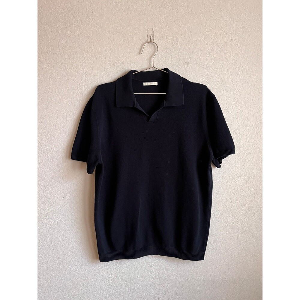 Zara Men's Vertical Textured Polo Shirt in French Navy Size XL